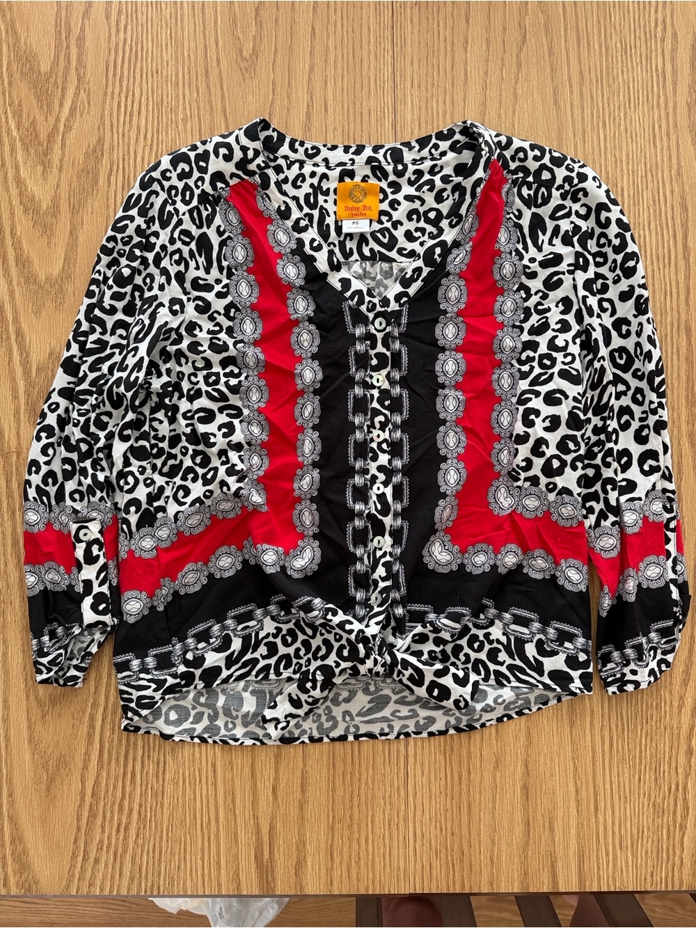 Ruby Rd. Black & White Leopard Print Blouse with Red Trim